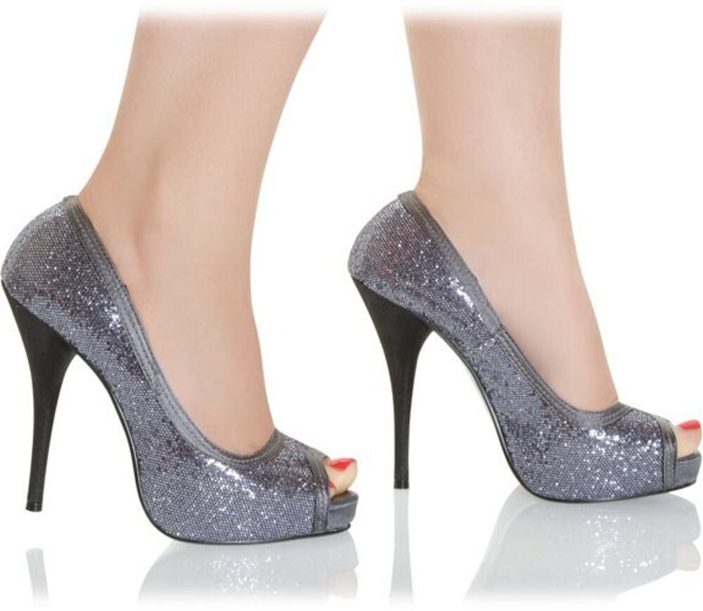 The Highest Heel Grey Glitter PIN UP-51 - Classical Peep-Toe Mini-Platform SZ 7